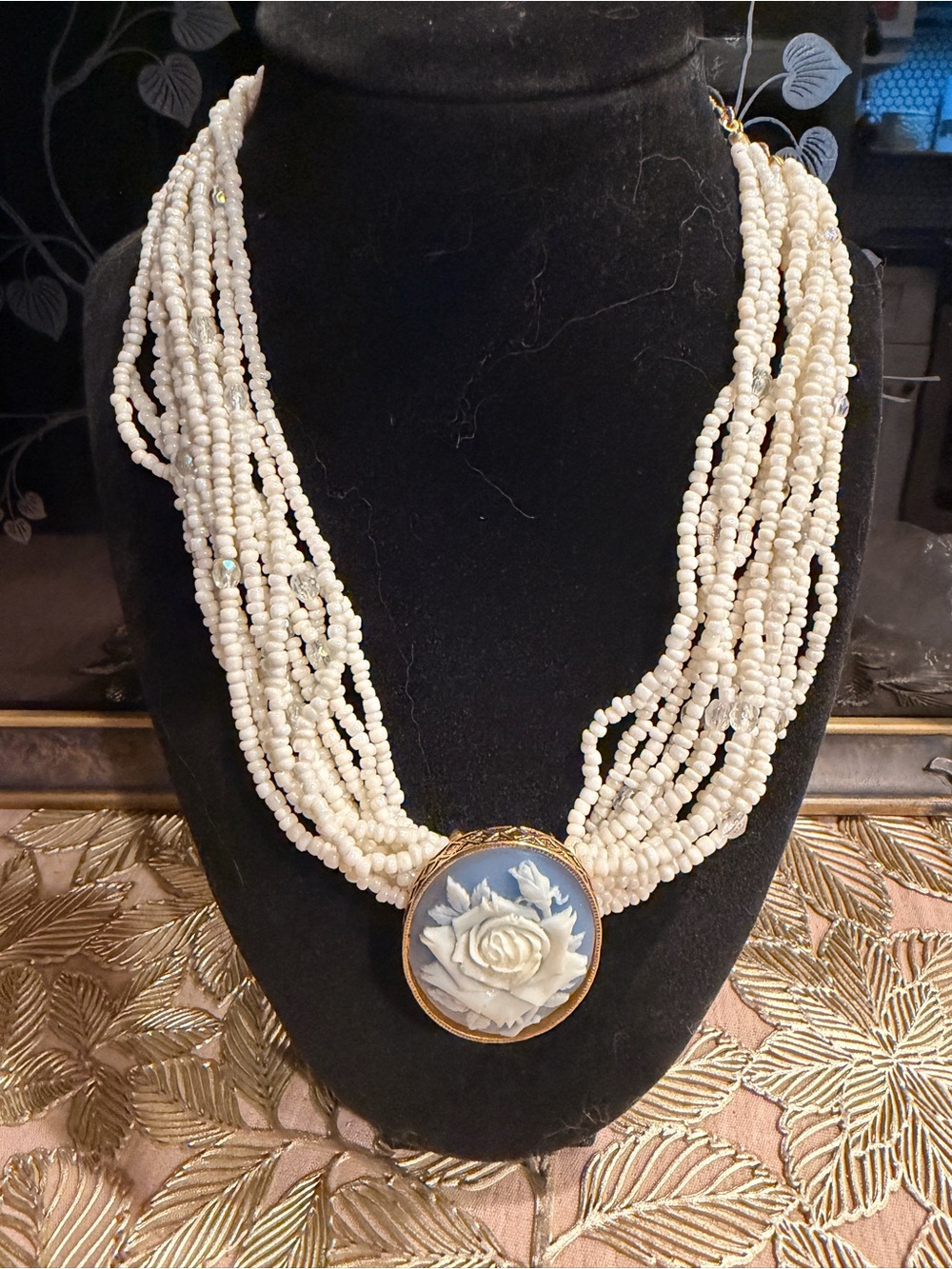 Avon Vintage-Inspired Cream Beaded Necklace with Blue Cameo Pendant